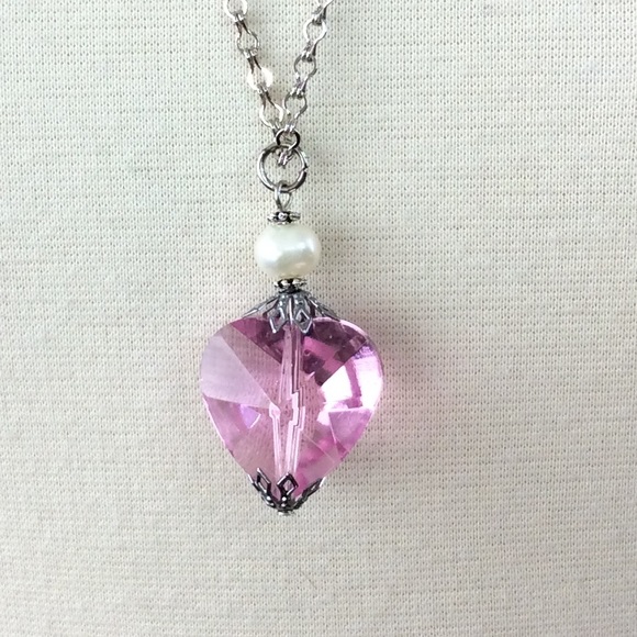 Pink Crystal Heart Necklace, Handmade, Genuine White Pearl,  Goth Rocker - Picture 1 of 9